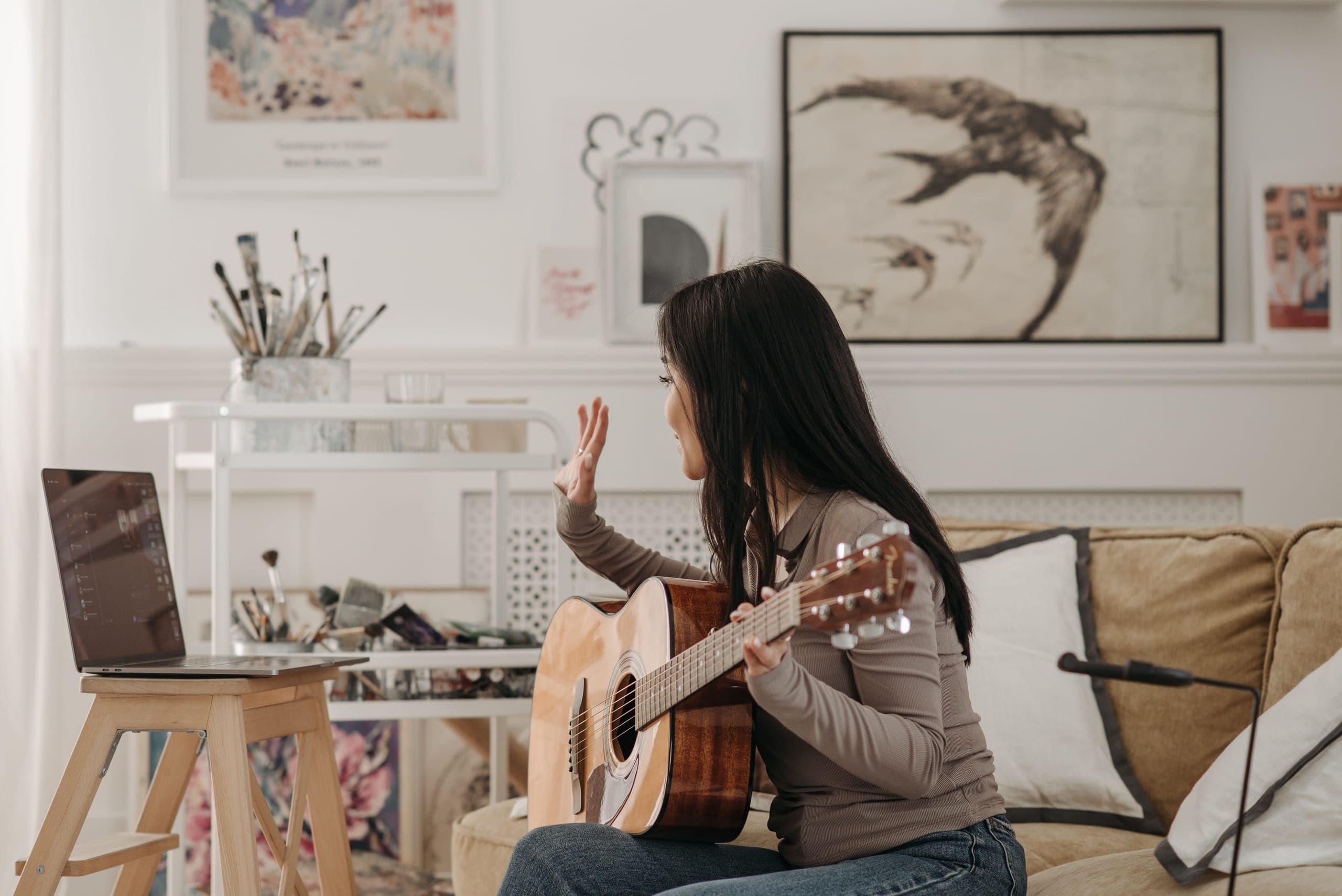 Vocal lesson microphone and studio workspace