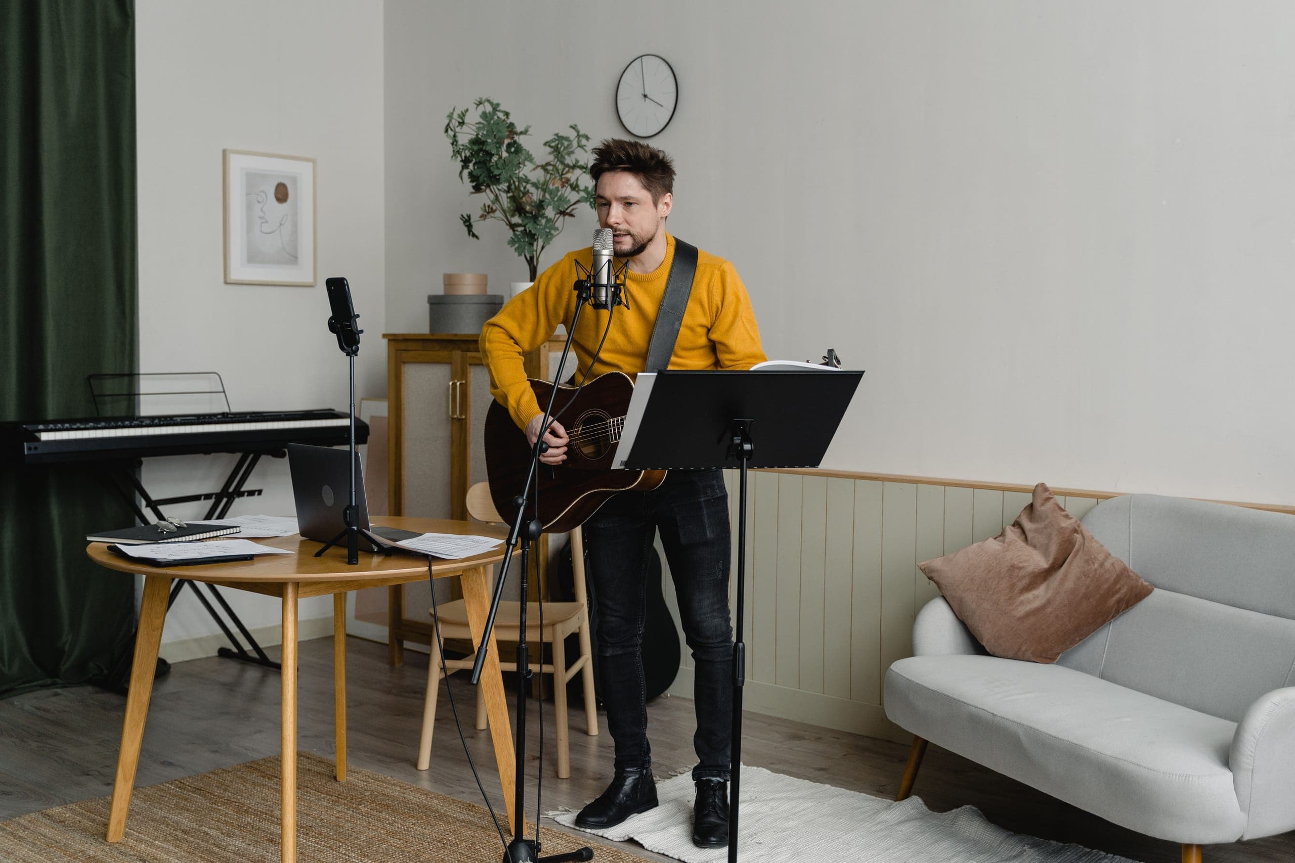 Vocal lesson microphone and studio workspace